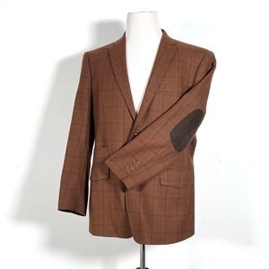 Pronto Moda Elbow Patch 2 Button Oxford Blazer Sz 44R Plaid Tan Wool Cashmere